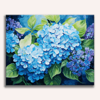 The image presents a captivating floral arrangement centered around large clusters of purple hydrangea blooms.