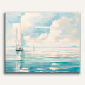Minimalist white boat floating on a deep blue ocean - Finished Boat in Blue Paint by Numbers - ColorEasePaint
