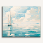 Minimalist white boat floating on a deep blue ocean - Finished Boat in Blue Paint by Numbers - ColorEasePaint