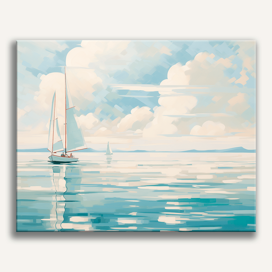 Minimalist white boat floating on a deep blue ocean - Finished Boat in Blue Paint by Numbers - ColorEasePaint