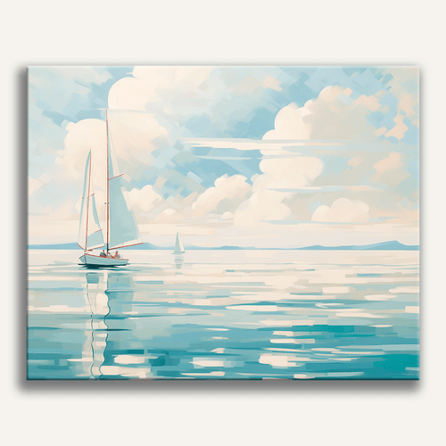 Minimalist white boat floating on a deep blue ocean - Finished Boat in Blue Paint by Numbers - ColorEasePaint