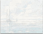 A painting depicts a serene seascape with a sailboat on calm waters under a partly cloudy sky.