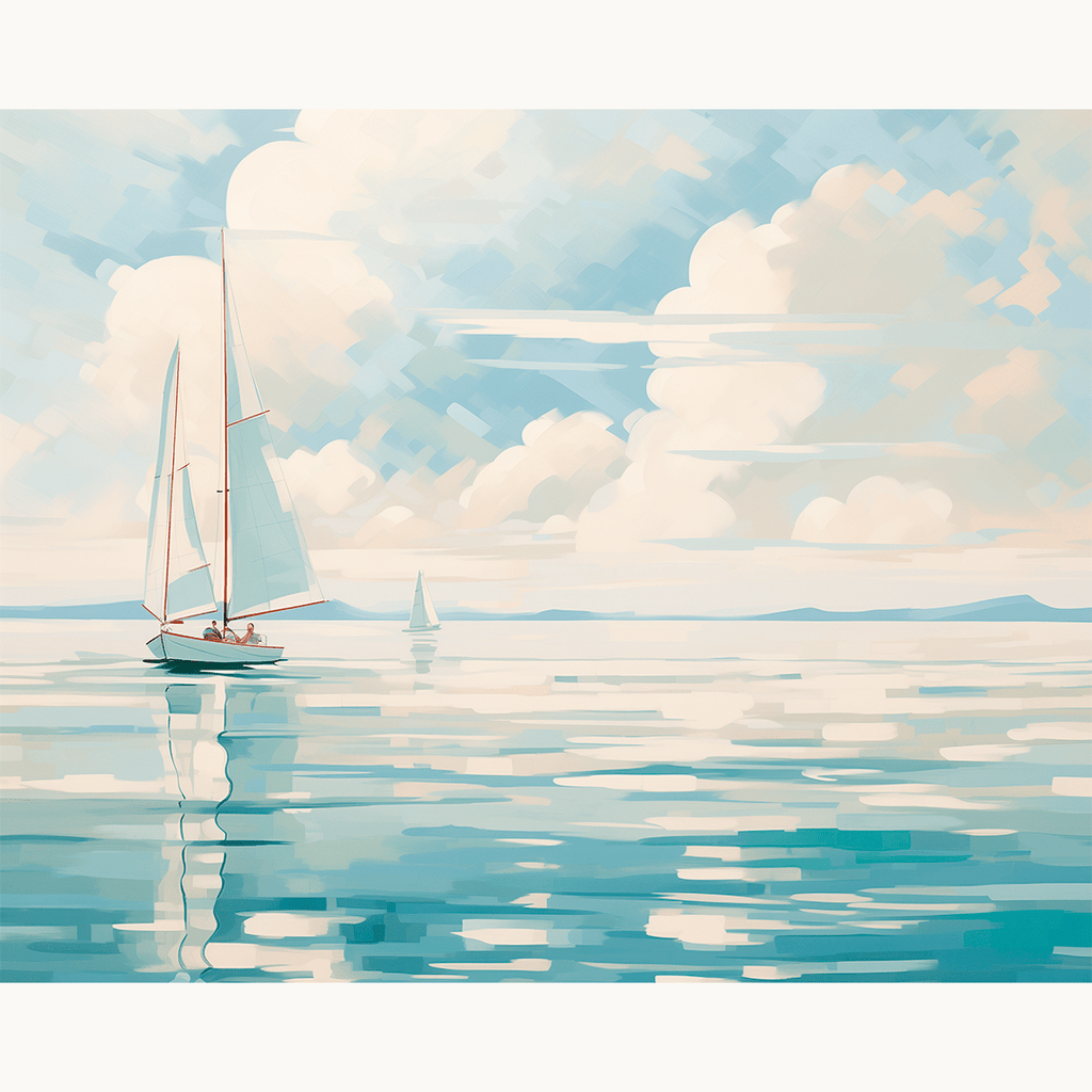 A painting depicts a serene seascape with a sailboat on calm waters under a partly cloudy sky.