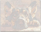 The image portrays a German Shepherd dog positioned behind a window pane.