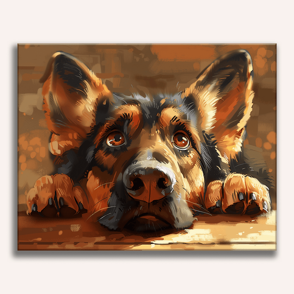 Funny German Shepherd leaning head on paws with a bored expression - Finished Bored Shepherd Paint by Numbers - ColorEasePaint