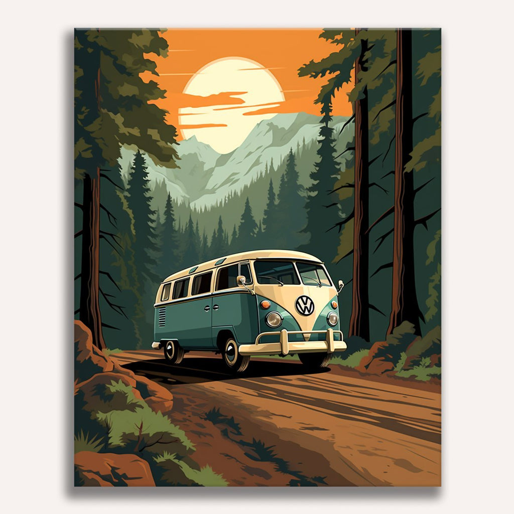 Vintage camper van parked by a mountain lake at sunset - Finished Camping Trip Paint by Numbers - ColorEasePaint