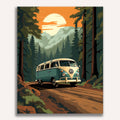Vintage camper van parked by a mountain lake at sunset - Finished Camping Trip Paint by Numbers - ColorEasePaint