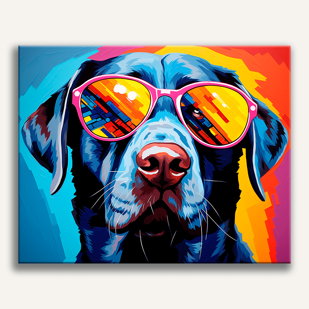 Cool dog wearing sunglasses with a summer landscape reflection - Finished Canine Shades Paint by Numbers - ColorEasePaint
