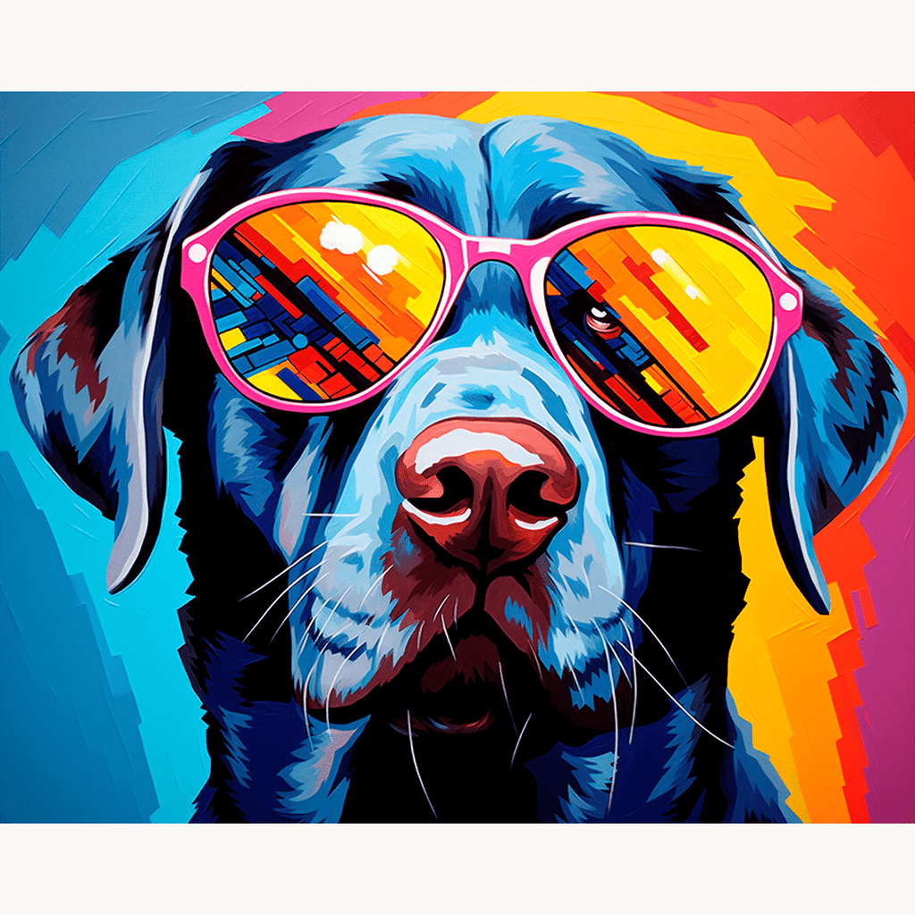 A dog wearing colorful sunglasses and standing against a vibrant backdrop featuring a spectrum of rainbow colors and abstract shapes..