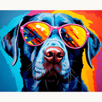 A dog wearing colorful sunglasses and standing against a vibrant backdrop featuring a spectrum of rainbow colors and abstract shapes..