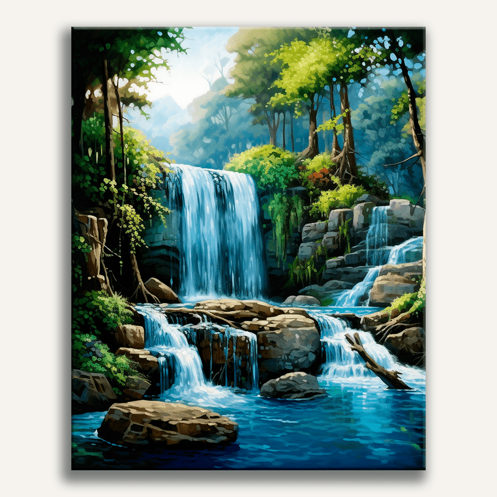 Majestic forest waterfall cascading into a green pool - Finished Cascade Haven Paint by Numbers - ColorEasePaint