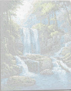 A vibrant landscape scene featuring a majestic waterfall cascading down a rocky cliff face, flanked by lush greenery and dense forests, all under a blue sky, suggesting a tranquil yet wild environment, possibly in a mountainous area..