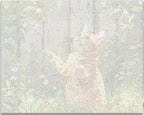This is a colorful illustration featuring an orange tabby cat standing on a grassy area with a wooden fence.