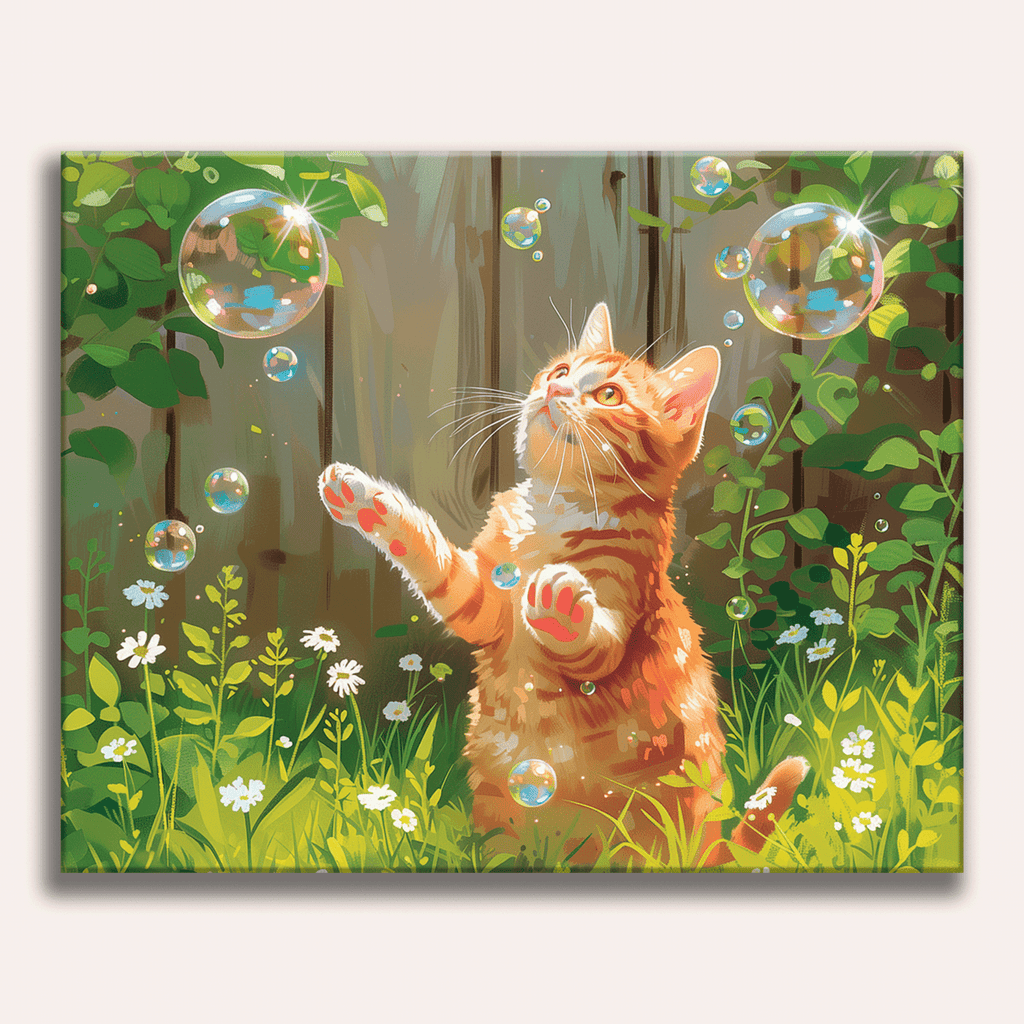 A cute cat looking at floating iridescent bubbles - Finished Cat Bubbles Paint by Numbers - ColorEasePaint