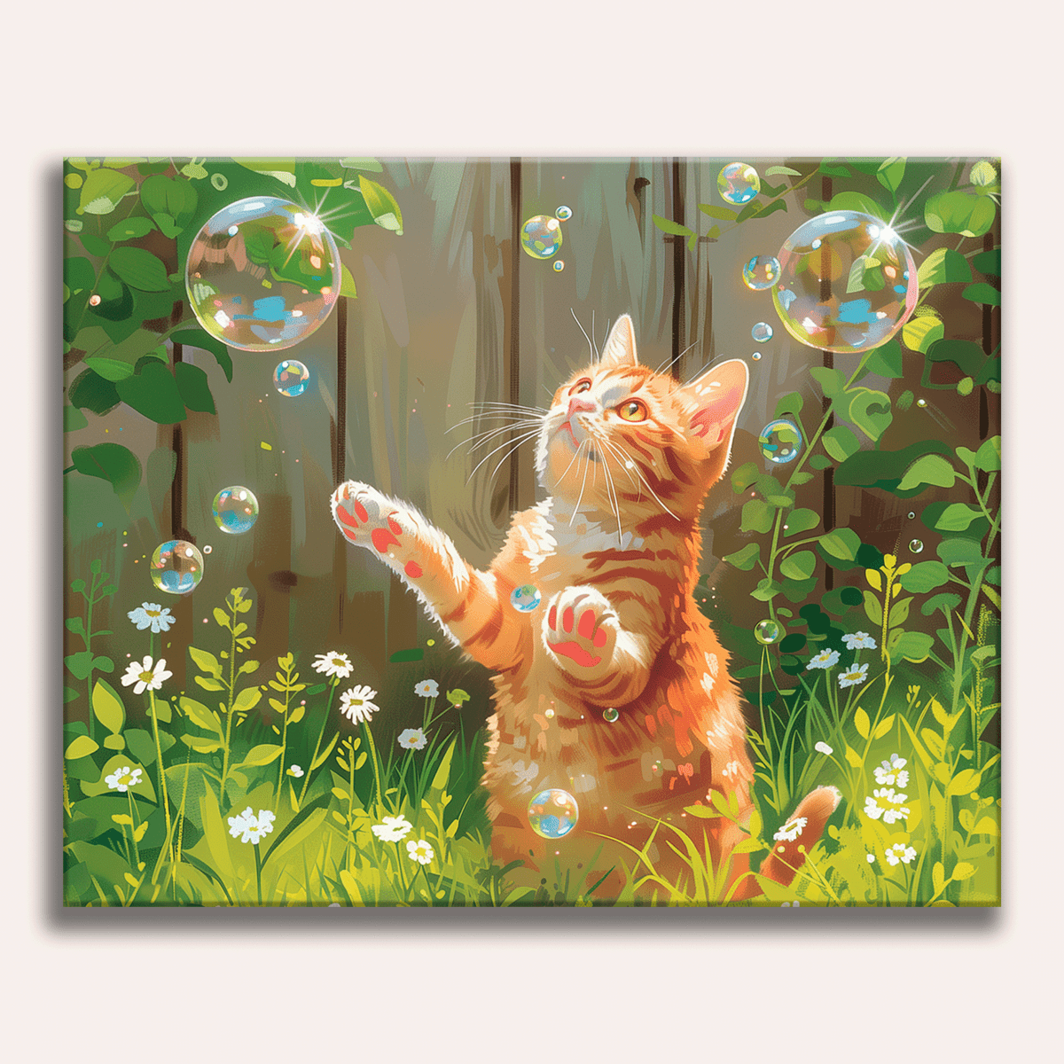A cute cat looking at floating iridescent bubbles - Finished Cat Bubbles Paint by Numbers - ColorEasePaint