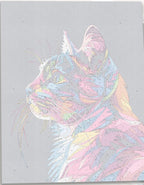 An artistic cat poster featuring a feline character with striking fur patterns and vibrant colors set against a dark background..