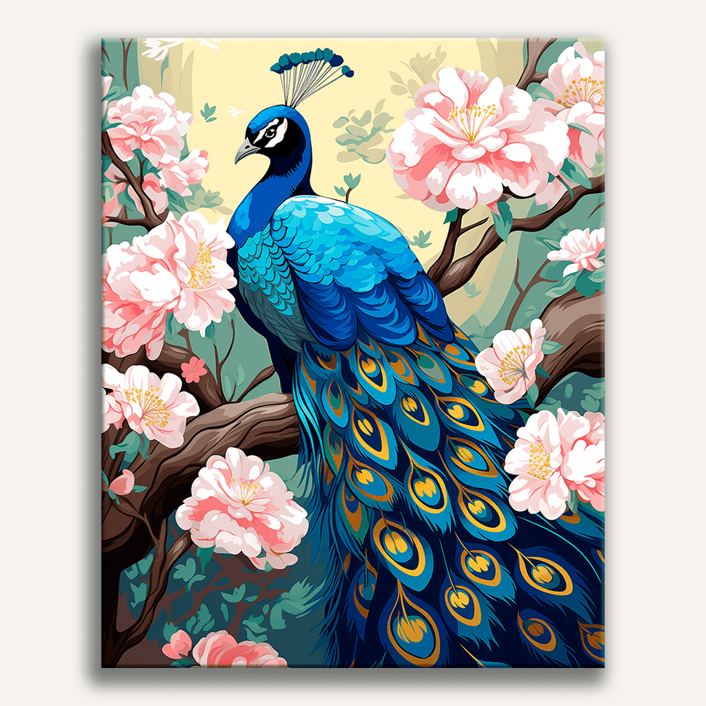Vibrant peacock with emerald and sapphire iridescent feathers - Finished Charming Peacock Paint by Numbers - ColorEasePaint