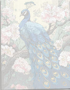 A peacock, adorned in vibrant plumage and an elegant blue headpiece, stands majestically on a branch among blooming cherry blossoms..