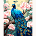 A peacock, adorned in vibrant plumage and an elegant blue headpiece, stands majestically on a branch among blooming cherry blossoms..