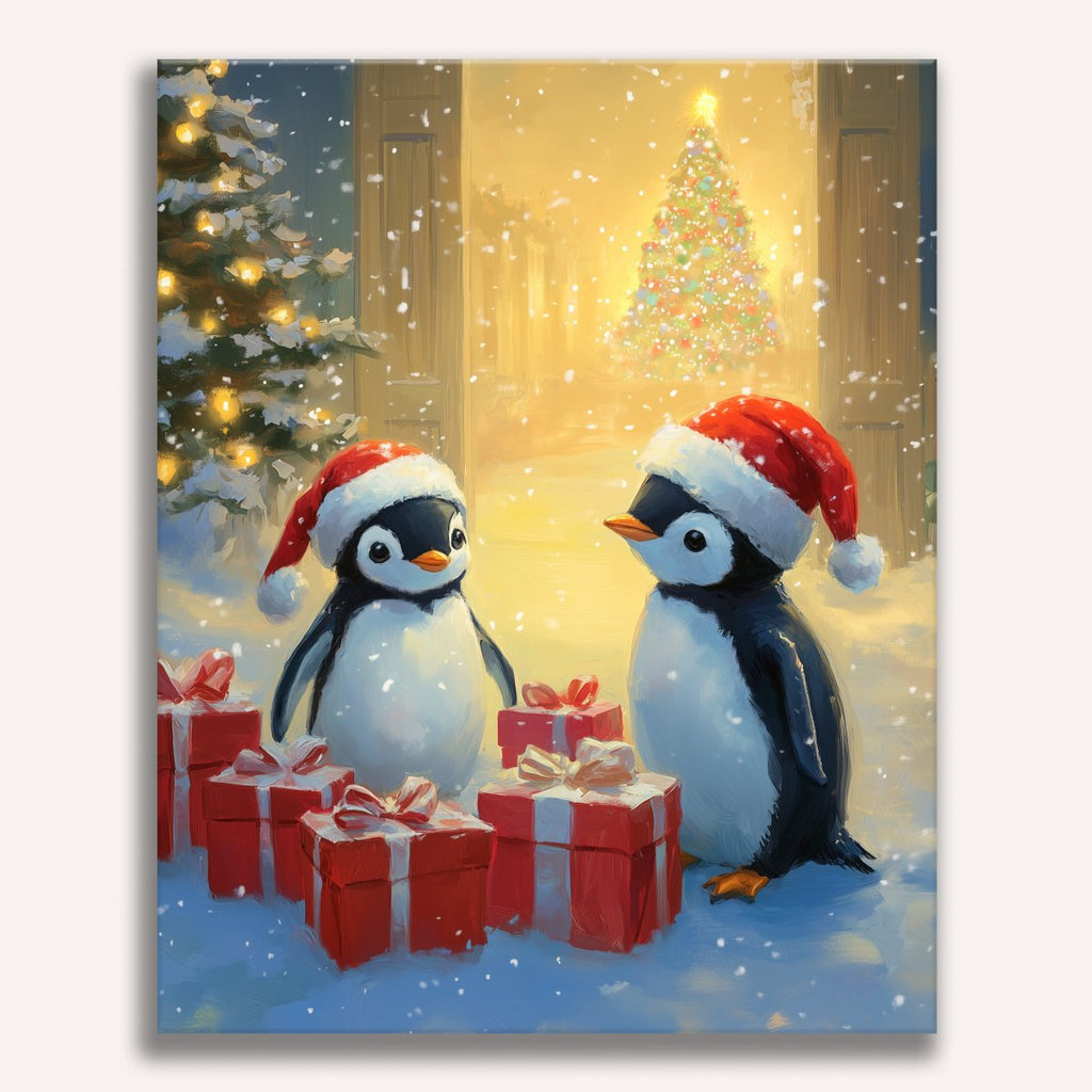 Cute penguins wearing Santa hats in a snowy Christmas scene - Finished Christmas Penguins Paint by Numbers - ColorEasePaint