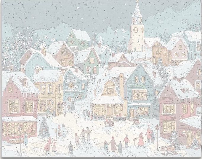 The image portrays a festive Christmas village scene.