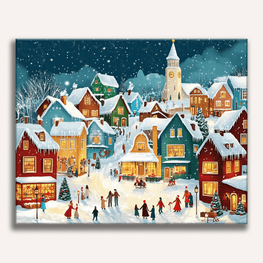 Panoramic vintage Christmas town landscape with snowy streets and glowing windows - Finished Christmas Town Paint by Numbers - ColorEasePaint