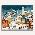 Panoramic vintage Christmas town landscape with snowy streets and glowing windows - Finished Christmas Town Paint by Numbers - ColorEasePaint
