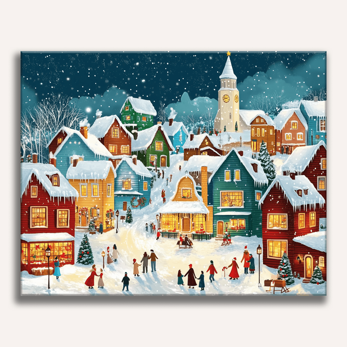 Panoramic vintage Christmas town landscape with snowy streets and glowing windows - Finished Christmas Town Paint by Numbers - ColorEasePaint