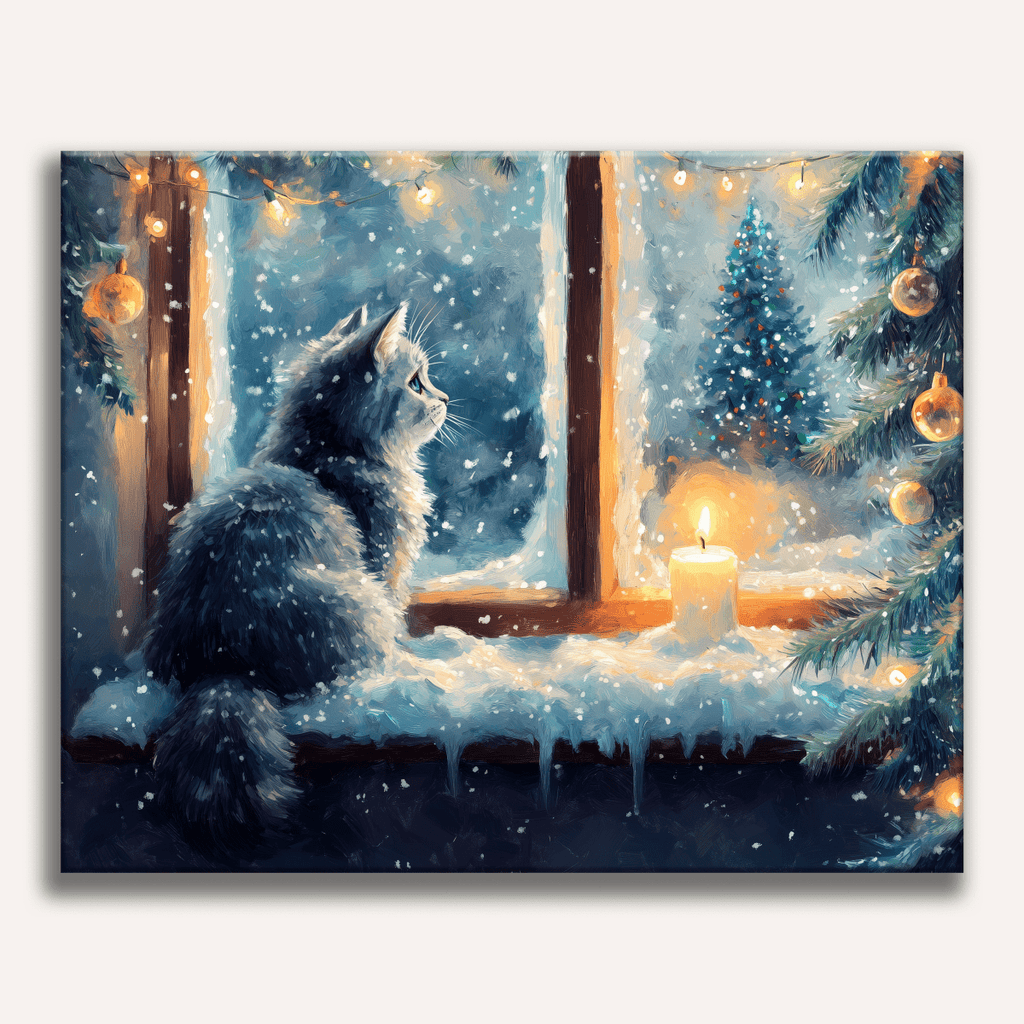 This is a digital illustration featuring a domestic cat sitting on a snow-covered window sill.