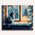This is a digital illustration featuring a domestic cat sitting on a snow-covered window sill.