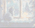 This is a digital illustration featuring a domestic cat sitting on a snow-covered window sill.