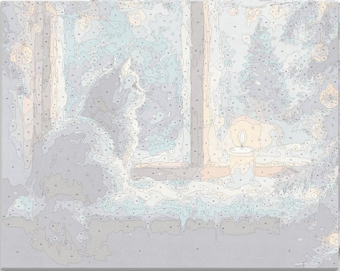 This is a digital illustration featuring a domestic cat sitting on a snow-covered window sill.