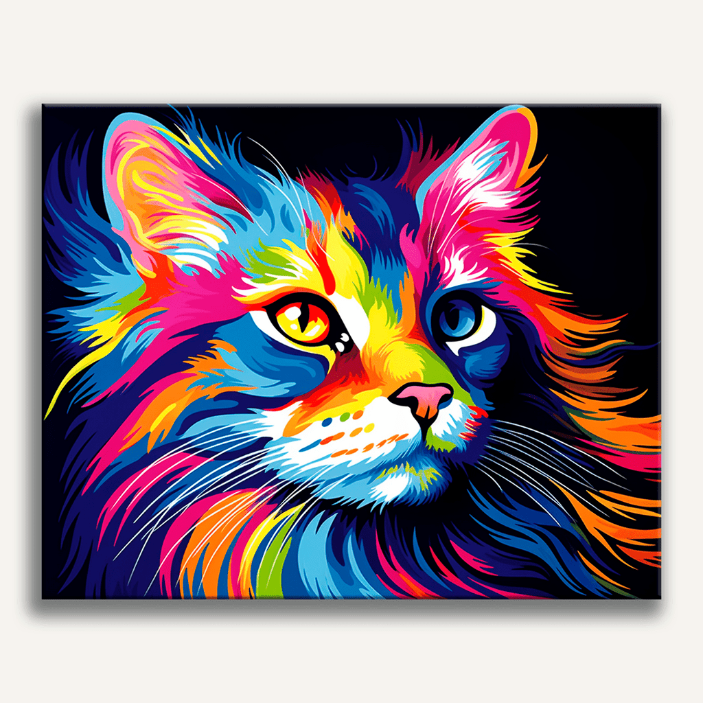 Rainbow colored abstract cat portrait with neon fur details - Finished Colorful Cat Paint by Numbers - ColorEasePaint