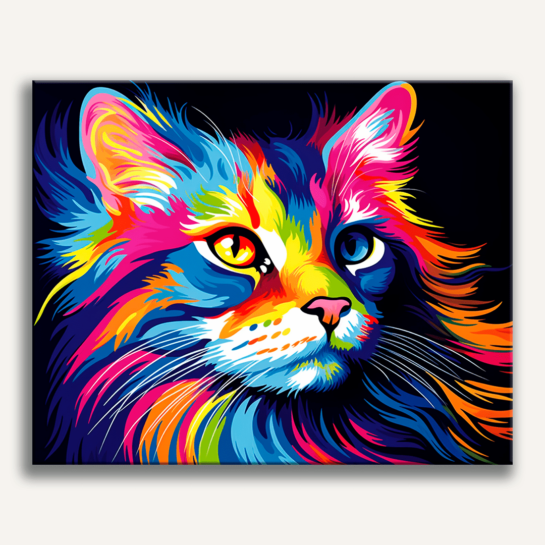 Rainbow colored abstract cat portrait with neon fur details - Finished Colorful Cat Paint by Numbers - ColorEasePaint
