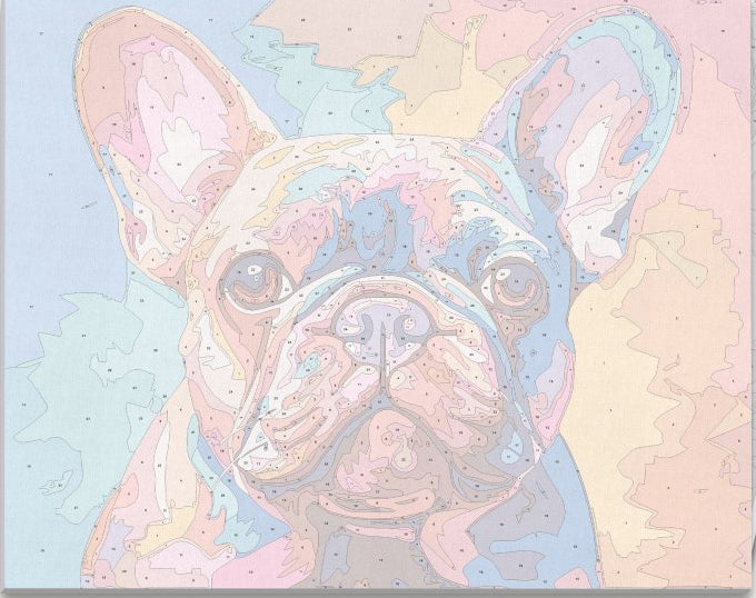 A vibrant and colorful painting showcases a large French Bulldog gazing towards its left, its head framed by a colorful border that resembles a sunset or rainbow hues..
