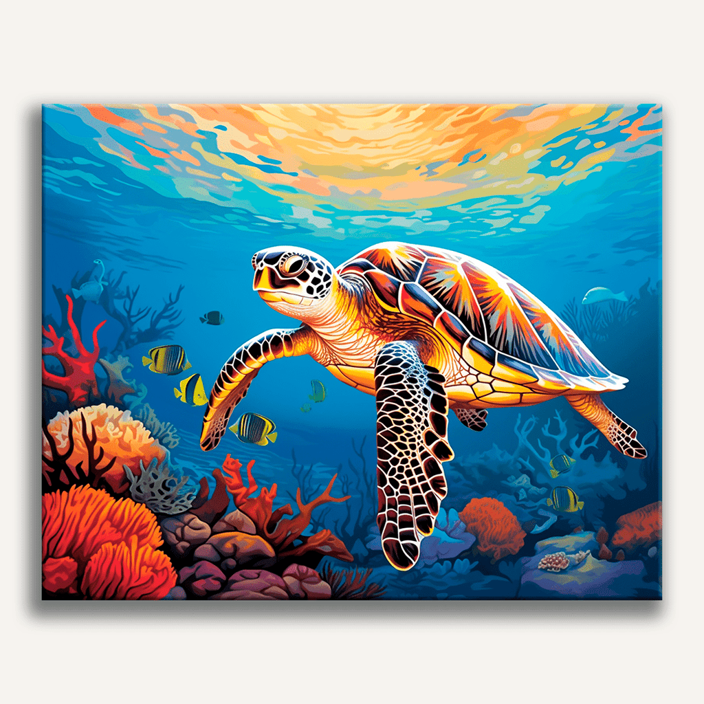 Sea turtle swimming through a colorful coral reef underwater - Finished Coral Glide Paint by Numbers - ColorEasePaint