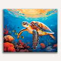 Sea turtle swimming through a colorful coral reef underwater - Finished Coral Glide Paint by Numbers - ColorEasePaint