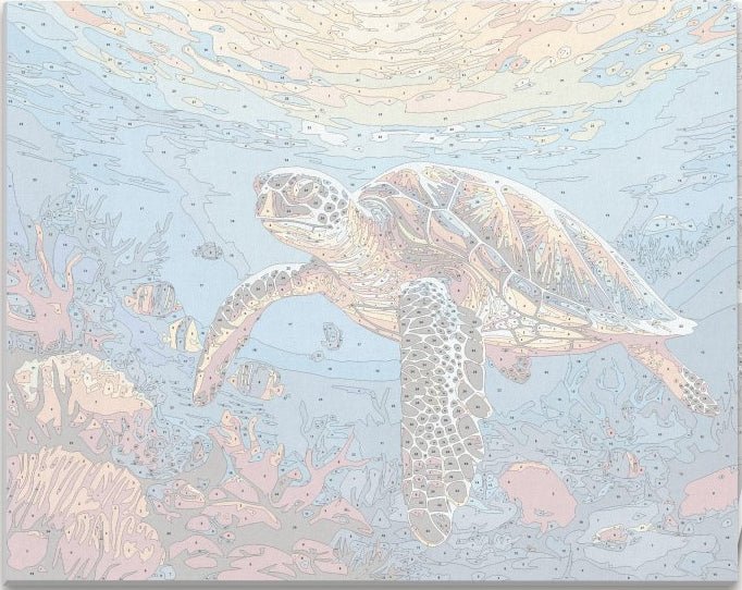 Detailed numbered canvas outline for Coral Glide sea turtle and marine life DIY painting - ColorEasePaint