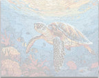 A sea turtle in vibrant tropical colors swims through an underwater scene, surrounded by colorful fish and coral, set against a backdrop of sunlit turquoise water..