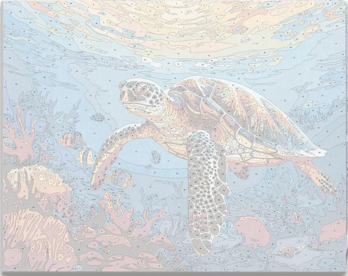 A sea turtle in vibrant tropical colors swims through an underwater scene, surrounded by colorful fish and coral, set against a backdrop of sunlit turquoise water..