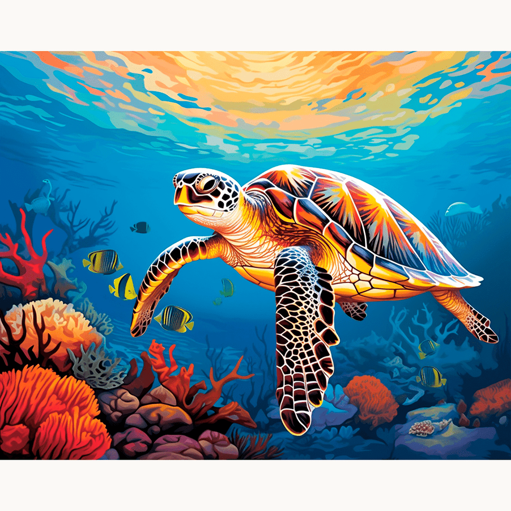 A sea turtle in vibrant tropical colors swims through an underwater scene, surrounded by colorful fish and coral, set against a backdrop of sunlit turquoise water..