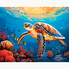 A sea turtle in vibrant tropical colors swims through an underwater scene, surrounded by colorful fish and coral, set against a backdrop of sunlit turquoise water..