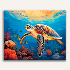 A sea turtle in vibrant tropical colors swims through an underwater scene, surrounded by colorful fish and coral, set against a backdrop of sunlit turquoise water..