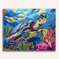 Vibrant sea turtle swimming through a colorful coral reef - Finished Coral Reef Turtle Paint by Numbers - ColorEasePaint