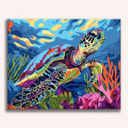 Vibrant sea turtle swimming through a colorful coral reef - Finished Coral Reef Turtle Paint by Numbers - ColorEasePaint