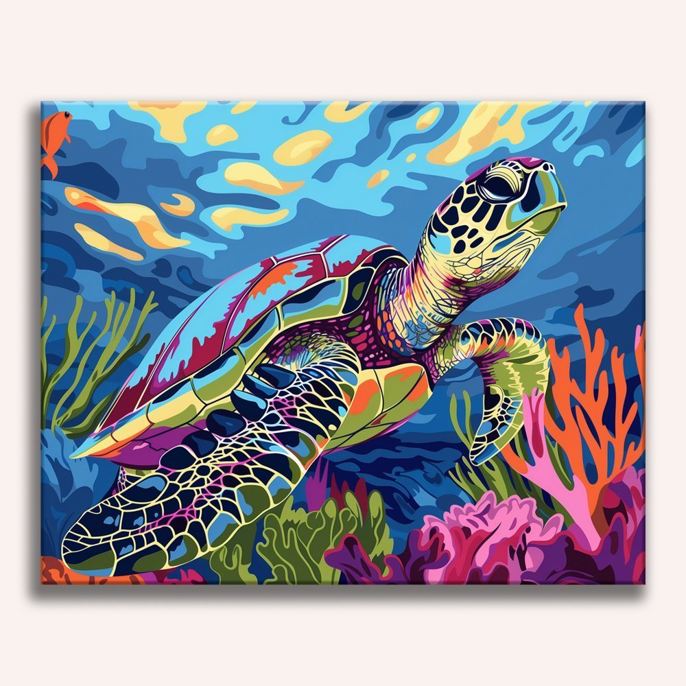 Vibrant sea turtle swimming through a colorful coral reef - Finished Coral Reef Turtle Paint by Numbers - ColorEasePaint