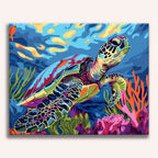A colorful turtle swimming through a vibrant coral reef, set against a backdrop of an underwater cave.