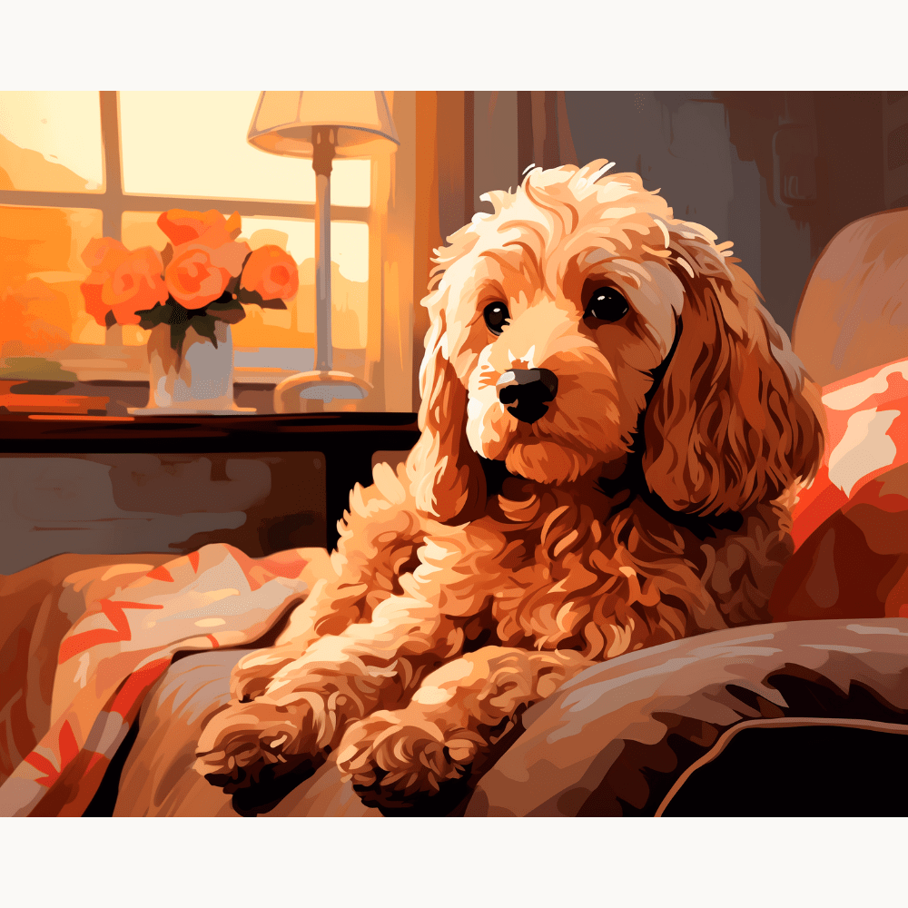 A digital illustration portrays a golden dog seated on a couch indoors, looking directly at the viewer, with a warm sunset glowing through the window behind the pet.