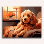A digital illustration portrays a golden dog seated on a couch indoors, looking directly at the viewer, with a warm sunset glowing through the window behind the pet.