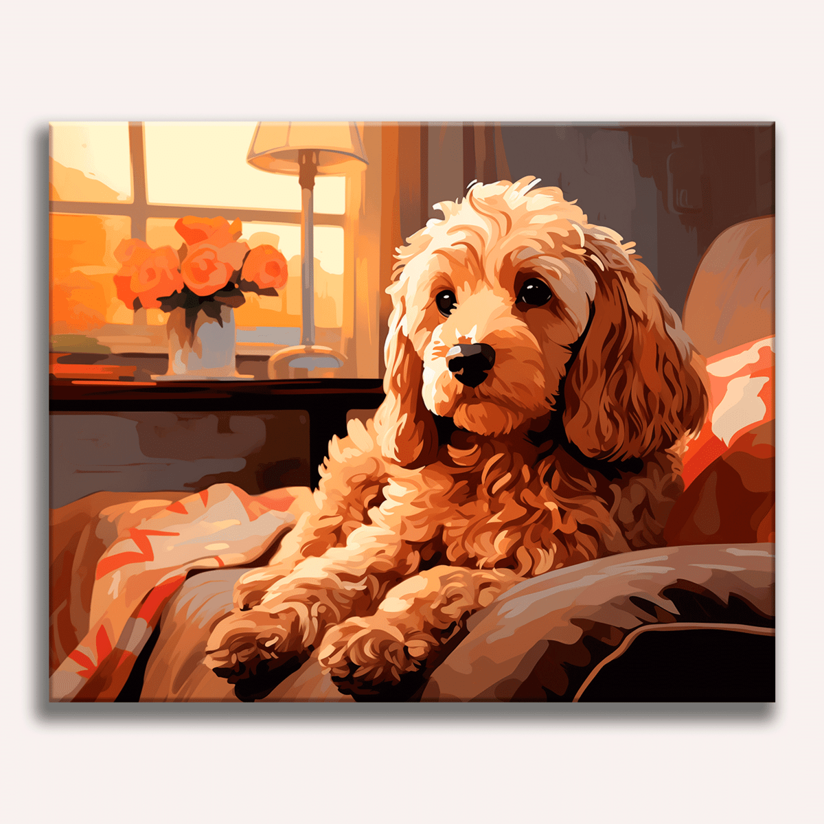A digital illustration portrays a golden dog seated on a couch indoors, looking directly at the viewer, with a warm sunset glowing through the window behind the pet.